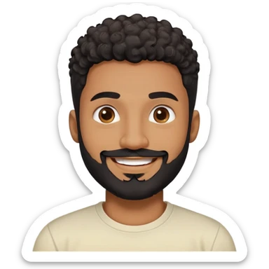 Man in his 30s with medium brown skin. Round face with friendly expression. Dark eyes with cheerful look. Thick eyebrows. Wide nose. Full black beard, well-trimmed. Short curly black hair with fade cut. Wearing a cream t-shirt. Big smile. sticker