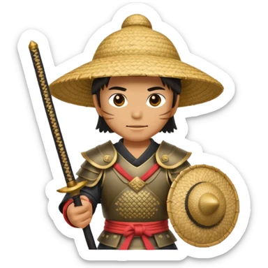 Samurai with straw hat, Warrior in armor holding wide hat sticker