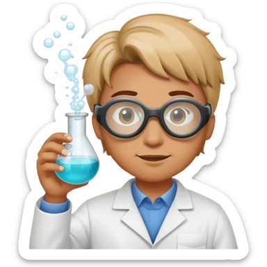 person doing a science experiment wearing lab goggles and holding a bubbling beaker sticker