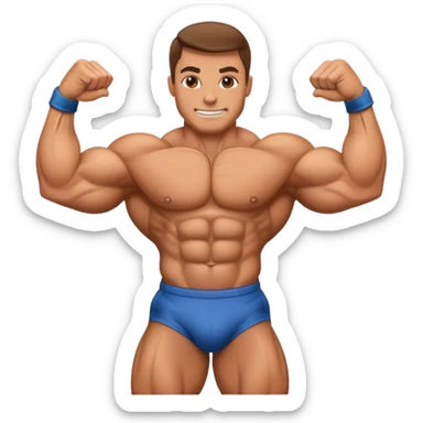 Emblem-style emoji of a bodybuilder in a classic bodybuilding pose, showcasing muscles and strength. The figure resembles a muscular athlete like Dwayne Johnson, with a focus on physique, confidence, and power. Bold lines, dynamic stance, and transparent background. sticker
