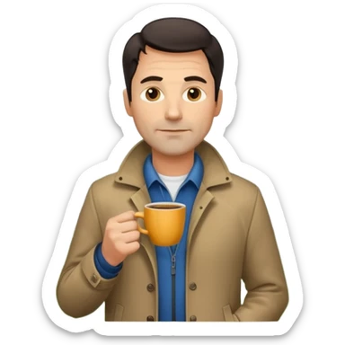 A handsome 45 year old white man with dark hair in a very foggy park drinking a cup of coffee sticker