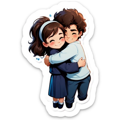 a light brunette girl and a dark brown fluffy hair boy hugging  sticker
