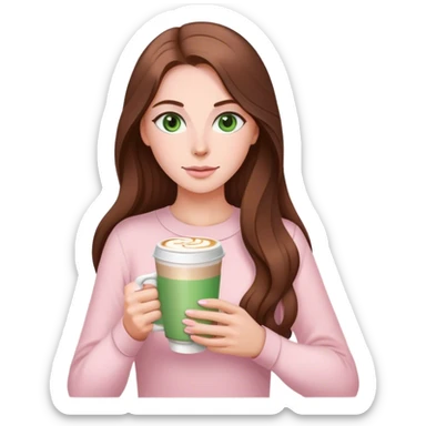 pretty woman with very long brown hair and green eyes and light pink outfit with a latte sticker