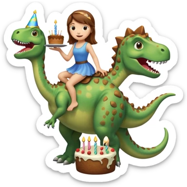 Fairy with brown hair riding a dinosaur presenting a birthday cake sticker