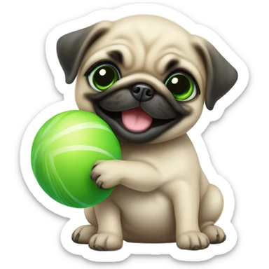 Cute Smiling Baby pug with green eyes playing with a green ball sticker