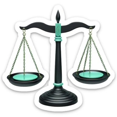 Responsabilité Administrative (Administrative Responsibility), 3D techy icon with black and mint green (#B5F4D3) color scheme, scales of justice with official documents sticker