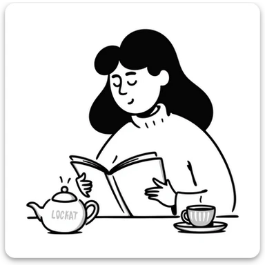 A person comfortably reading a book with a cup of tea nearby sticker