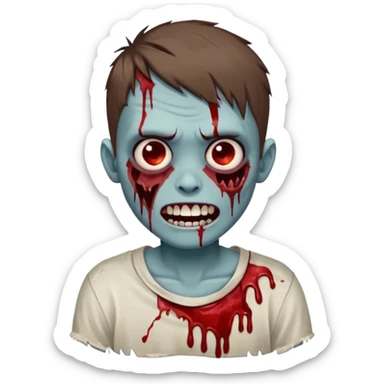 zombie boy with brown short hair, white skin, and white eyes; an open smile, and bloodied teeth; sticker