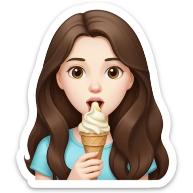beautiful pale brunette girl with long hair eating an ice cream sticker