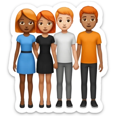 Three people holding hands first people is a female light skin have medium length half black half orange hair the second person is tall African American male short hair and the third people the third person is a female medium length black hair light skin sticker