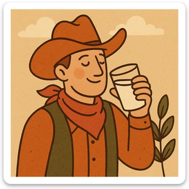 a stylized cowboy drinking milk, bold colors, warm colors, detailed illustration sticker
