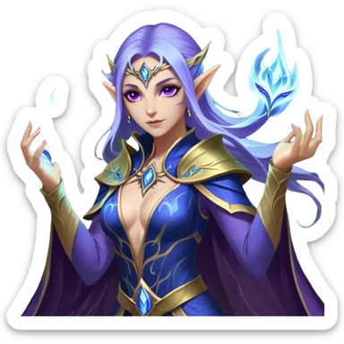 Cinematic Realistic WoW Elf Mage Portrait, captured in a dynamic, battle-ready stance, her graceful form exuding raw arcane energy. Her luminous skin and delicate features, set against an intricately detailed robe in consistent deep blues and purples with golden accents, are rendered with lifelike texture and dynamic, magical lighting, high shine, fierce and commanding, embodying the relentless spirit of an elven sorceress mid-spell. sticker