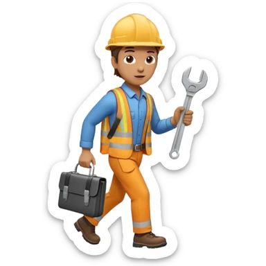 person wearing a hard hat or helmet, holding a wrench in one hand and a briefcase in the other, in a walking or running motion sticker