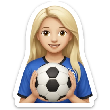 A girl with long light blonde hair with make-up on that looks around 13 years old with a soccer ball sticker