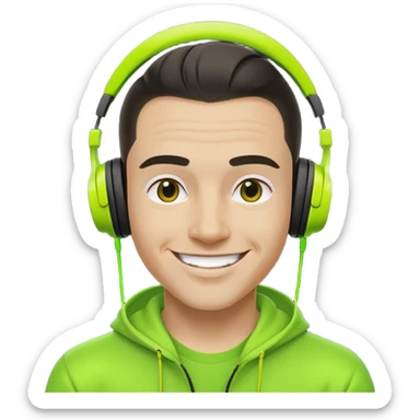 yellow-skinned guy head with slicked back black undercut hair and neon green headphones, smiling sticker