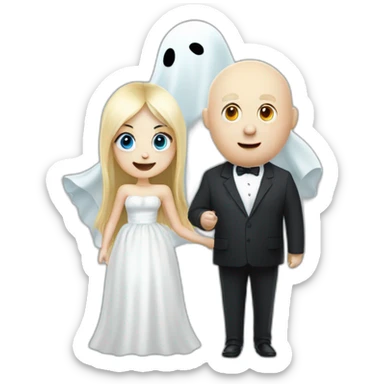 a blondie girl and a bald fat guy dressed as a ghost going to a party sticker
