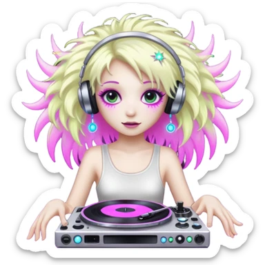  hard-techno-rave-fairy,-holding-a-dj-turntable,-wild-hair,-neon-sparkles,-minimal-background sticker