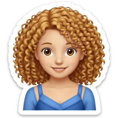 girl with golden curly hair, brown eyes, blue camisole dress, smiling sticker