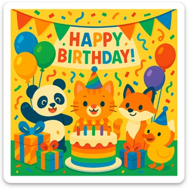 vibrant-toon style birthday party scene with a rainbow color theme including rainbow balloons, multicolored decorations, confetti, a large rainbow birthday cake, gifts, and a festive atmosphere. Main character is a ginger tabby kitten wearing a birthday hat, surrounded by a panda, fox, and duck also celebrating. Prominent 'Happy Birthday!' message included in the scene. sticker