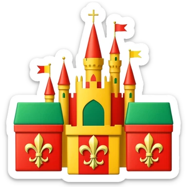  flag with 4 boxes: gold fleur-de-lis on deep blue/black; green, yellow, red stripes in upper right and lower left with green star in upper right; yellow castle on red in lower right. Flat vector, clean, high contrast, clear at small size. sticker