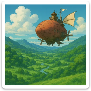 flying airship over a lush green valley sticker