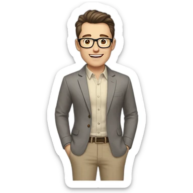Joyful Pale skinned Fit Man With dark brown hair in gray jacket, beige office shirt, Brown pants and vintage glasses. His thrumbs up sticker