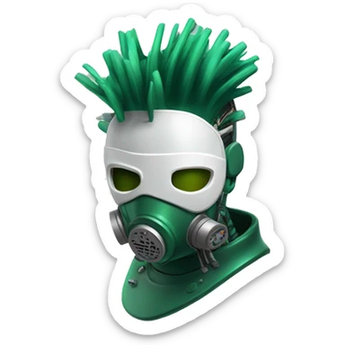 Dark green Mohawk female cyborg head with white respirator mask and circuits sticker