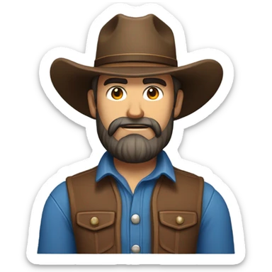 a rugged cowboy with a thick beard, wearing a blue vest over a classic western shirt. He should have a confident stance, showing full torso sticker