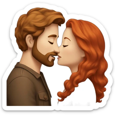 a bearded man with brown hair kissing a woman with red hair sticker