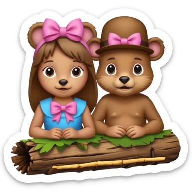 a girl beaver and a boy beaver on a log. give the girl beaver eyelashes and a bow on top of her head sticker