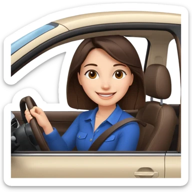 Brunette woman driving car like crazy. New car. Happy face confidence  sticker