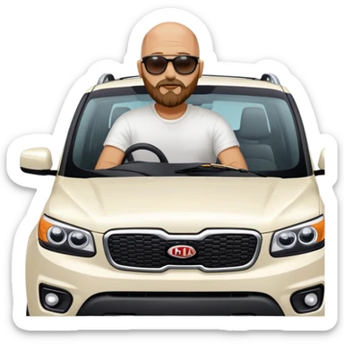 bald man with beard sitting on top of a white Kia Mohave SUV sticker
