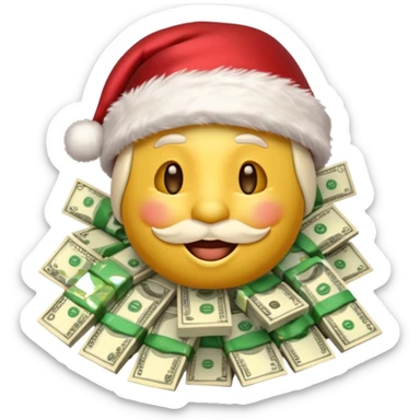 A rich happy emoji face in Santa hat, covered in money, cash stacks and flying dollar bills, Christmas mood, New Year festive style, glossy 3D emoji, vibrant colors, high detail, no text, isolated, transparent background sticker