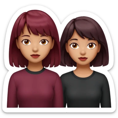 2 girls both tan skin. One with short length wavy burgundy hair, bangs and brown eyes, the other with medium length black hair with brown eyes  sticker
