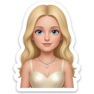 Madonna with blue eyes, long blonde hair, ivory metallic sweetheart dress, silver necklace sticker