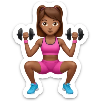 workout girl with brown hair, lifting dumbbells, sporty attire, emoji style sticker