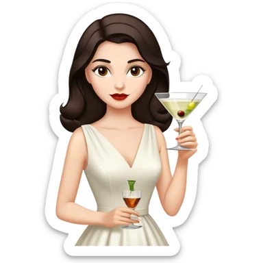 Beautiful woman in 1950’s woman fashion look, white dress, long dark brown hair, martini  sticker