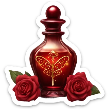 Dark red magic fairy light sparkling old Antique oil perfume bottle with herbal and rose flowers sticker