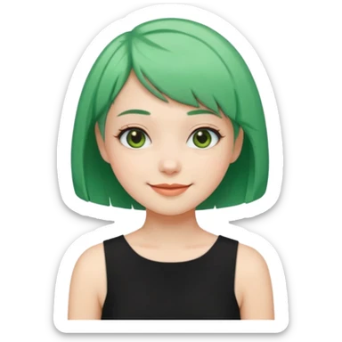 Girl with Mint Bob Cut – short green hair, cheerful smile, black dress sticker