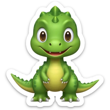 Cute green dinosaur emoji with round body, big eyes, small arms, soft shadows, smooth outlines, glossy finish, friendly smile, simple flat design, high-detail yet minimal style, perfect for emoji set, transparent background sticker