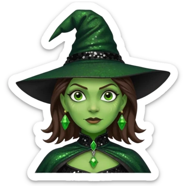 The Wicked Witch from Oz with green skin, brown hair, black sequin outfit sticker