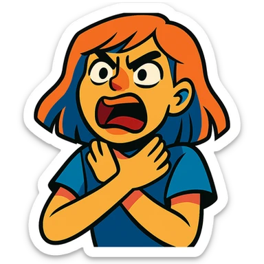 girl expressing intense emotion with hands near her neck, dramatic facial expression, vibrant toon style sticker