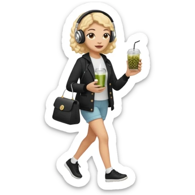 a young woman full length walks with headphones on with a caviar sandwich in one hand and herbal tea in the other hand sticker