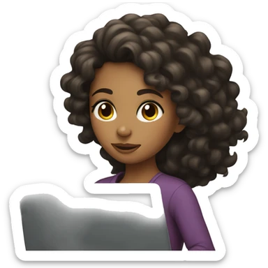 Tan girl with dark curly hair on laptop sticker
