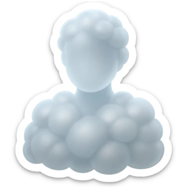 shoulder-up person fully composed of white fluffy convex clouds, matte glass style sticker