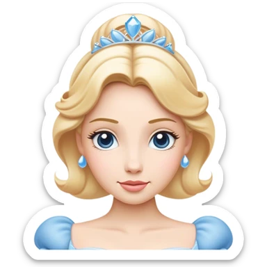 Cinematic Elegant Cinderella Portrait Emoji, rendered in a flat, vector-style with minimal shading and bold, simplified shapes. Depict Cinderella in her classic ball gown (chest and above) with fair, porcelain skin and elegantly styled blonde hair, her eyes soft and kind, and her expression serene and graceful. The design glows with a gentle, enchanting radiance and high shine, capturing the timeless beauty of a fairy tale princess. sticker