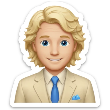 Tom Bryant from Summer of Fear with blonde wavy hair, blue eyes, cream suit sticker