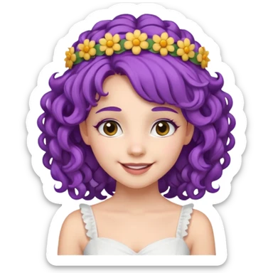 Princesses with Flower Crown in curly Purple Hair, white dress sticker
