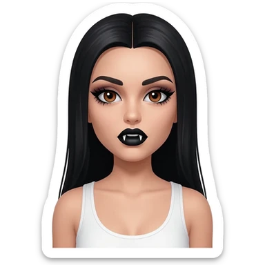 White woman with a white tank top long black hair glossy middle part straight long hair vamp look with fangs brown eyes eyeliner winged with lashes top and bottom white border big lips black eyebrows sticker