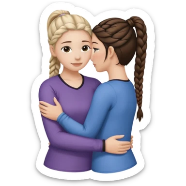 Comforting Hug two white skin women, one shorter woman with medium brown simple top ponytail, not braided, and one taller woman with a single long black side braid sticker